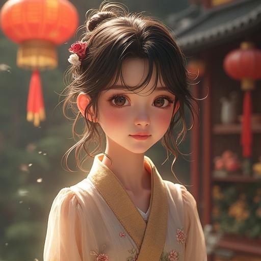 A beautiful young woman with long hair in a traditional dress. Soft and warm lighting creates a dreamy atmosphere. Background features cultural elements.