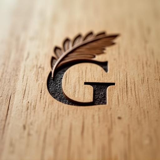 Close-up of engraved letter G on wood. Letter features leaf design on top. Dark engraving contrasts with warm wood grain. Image captures fine details and textures. Taken with DSLR camera, shallow depth of field, soft light. Background is blurred for focus.