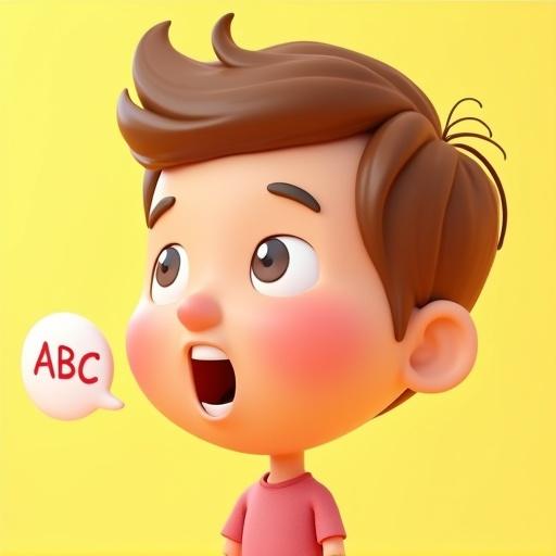 Child in simple friendly cartoon style with mouth slightly open as if speaking. Speech bubble saying 'ABC'. Bright background to attract attention.