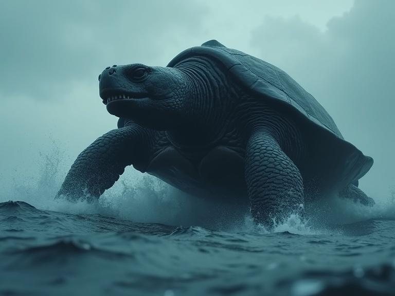 A large turtle rises from the ocean amid dark stormy weather. Low camera angle captures its detailed textured shell and huge claws. Mist and waves create an epic scene. Atmospheric elements include clouds and wind.