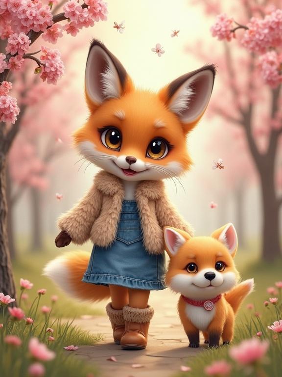 A fox character with big eyes in fluffy boots and a mink cardigan walks with a small bichon in a spring garden with blooming apple trees. The scene is colorful and magical with soft lighting.