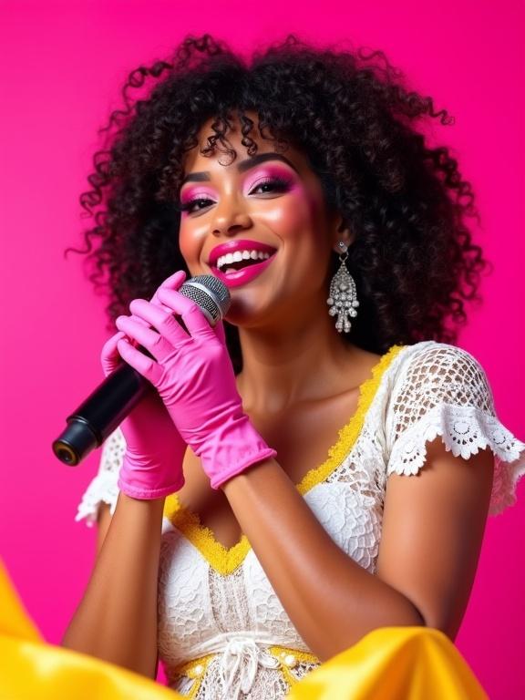 A woman with dark curly hair wearing a lace top with yellow accents and pink gloves holds a microphone close to her mouth while singing. Bright pink eye makeup and lipstick accent her look, with dangling earrings visible. A vibrant yellow fabric element appears at the bottom left against a solid bright pink background.