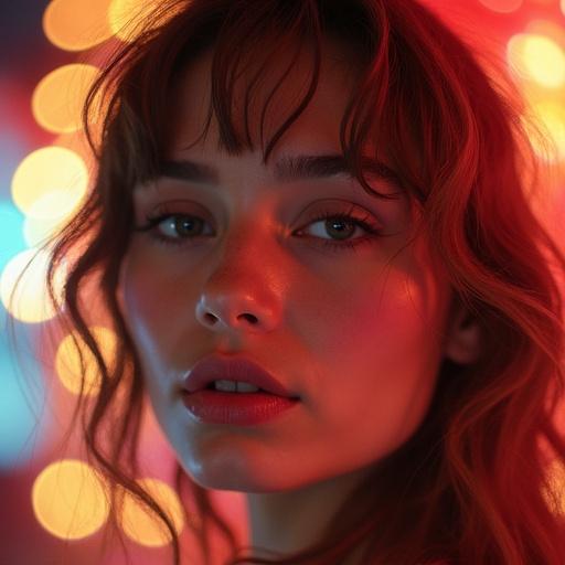 Close-up portrait with sparkling bokeh lights in the background featuring vibrant colors and soft focus. Natural lighting gives a nostalgic retro film effect.