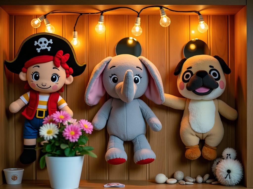 The image features a cozy display of assorted plush toys hanging on a wooden wall. There are vibrant colors in the toys, including a pirate with red hair, a cheerful elephant, and a playful pug with a mustache. Warm, glowing string lights create a magical atmosphere, illuminating the scene softly. In the foreground, there are beautiful flowers in a white pot, adding a touch of nature. Reflections in small mirrors can be seen behind the toys, enhancing the whimsical feel of the display.