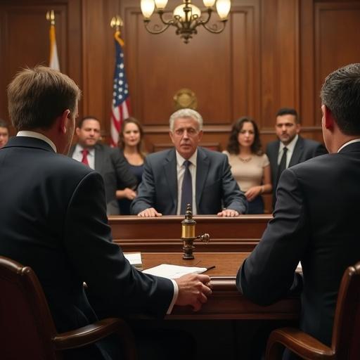 Dramatic courtroom scene features sharp-eyed judge and spectators gasping. Confident detective presents final clue. The atmosphere is tense and suspenseful.