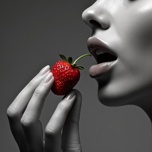 Ultra-detailed photograph in black and white featuring a female profile. Glossy lipstick and slightly open mouth with extended tongue. Hand gently holding a strawberry with a green tail. Smooth skin texture with shadows enhancing facial and hand volume. Background consists of crumpled polyethylene film. Harsh overhead light creates deep shadows. Style blends nu-art and surrealism, emphasizing minimalism and symbolism. HDR processing and high sharpness.