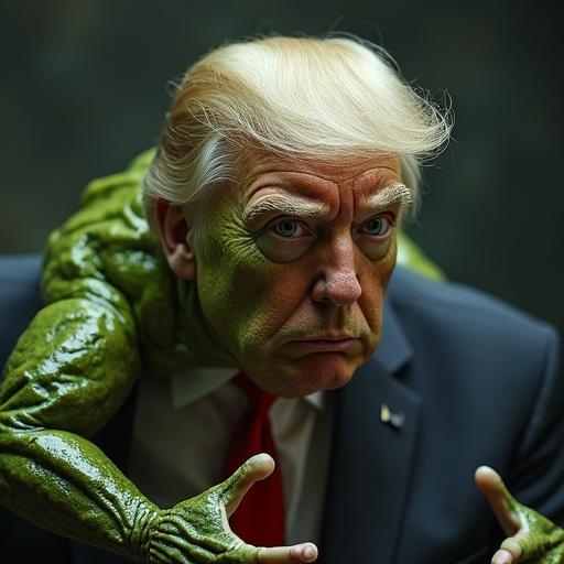 Hyperrealistic photo depicting a character in a humorous transformation into a half bullfrog monster. Showcasing a blend of human and amphibian features. The artwork captures a comical take on the character. Details of the figure’s slimy green skin and facial expressions highlight the transformation.