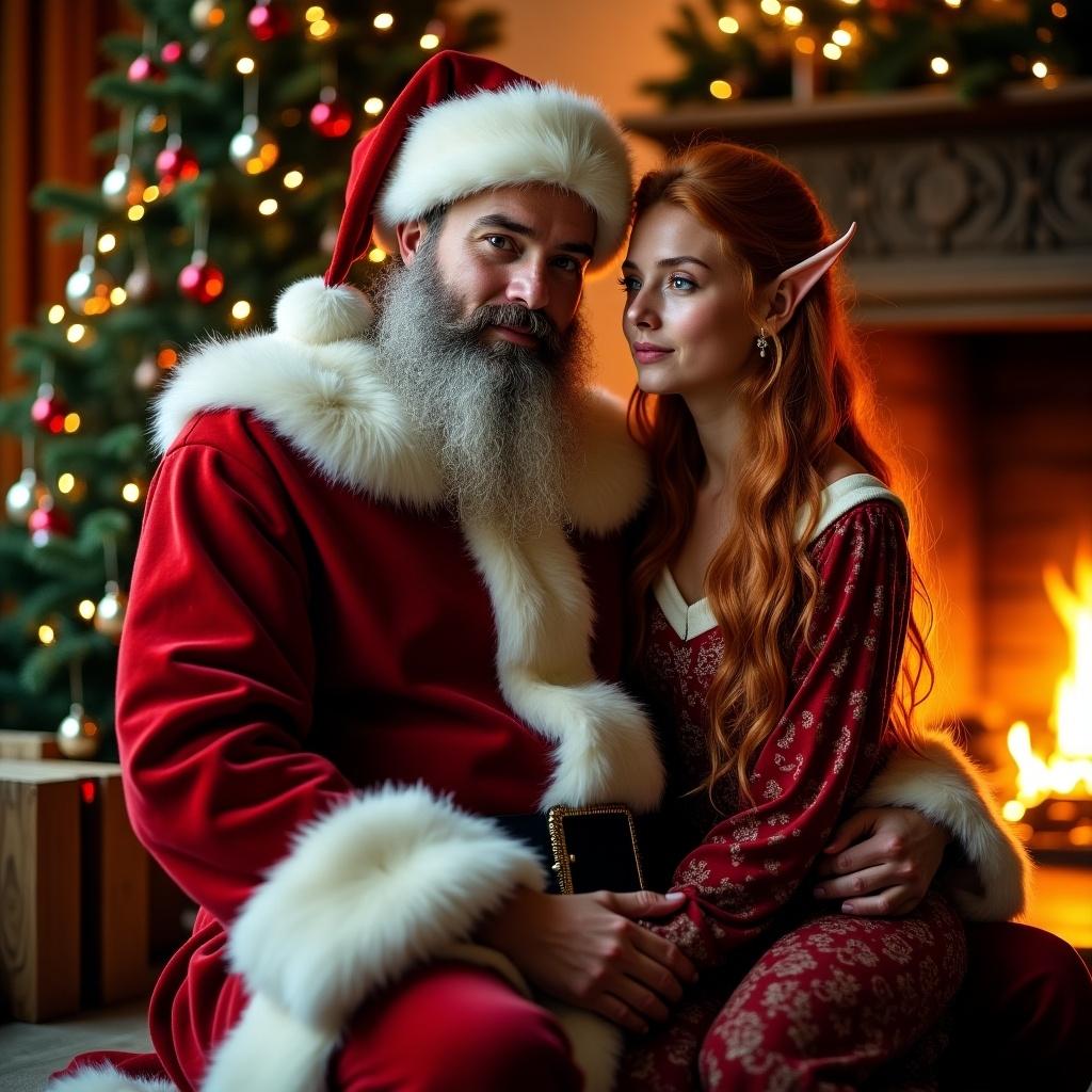 Young Viking dressed as Santa. Red-haired elf Valkyrie sat on his lap. Scene in front of Christmas tree. Blazing fireplace nearby creates warm atmosphere.