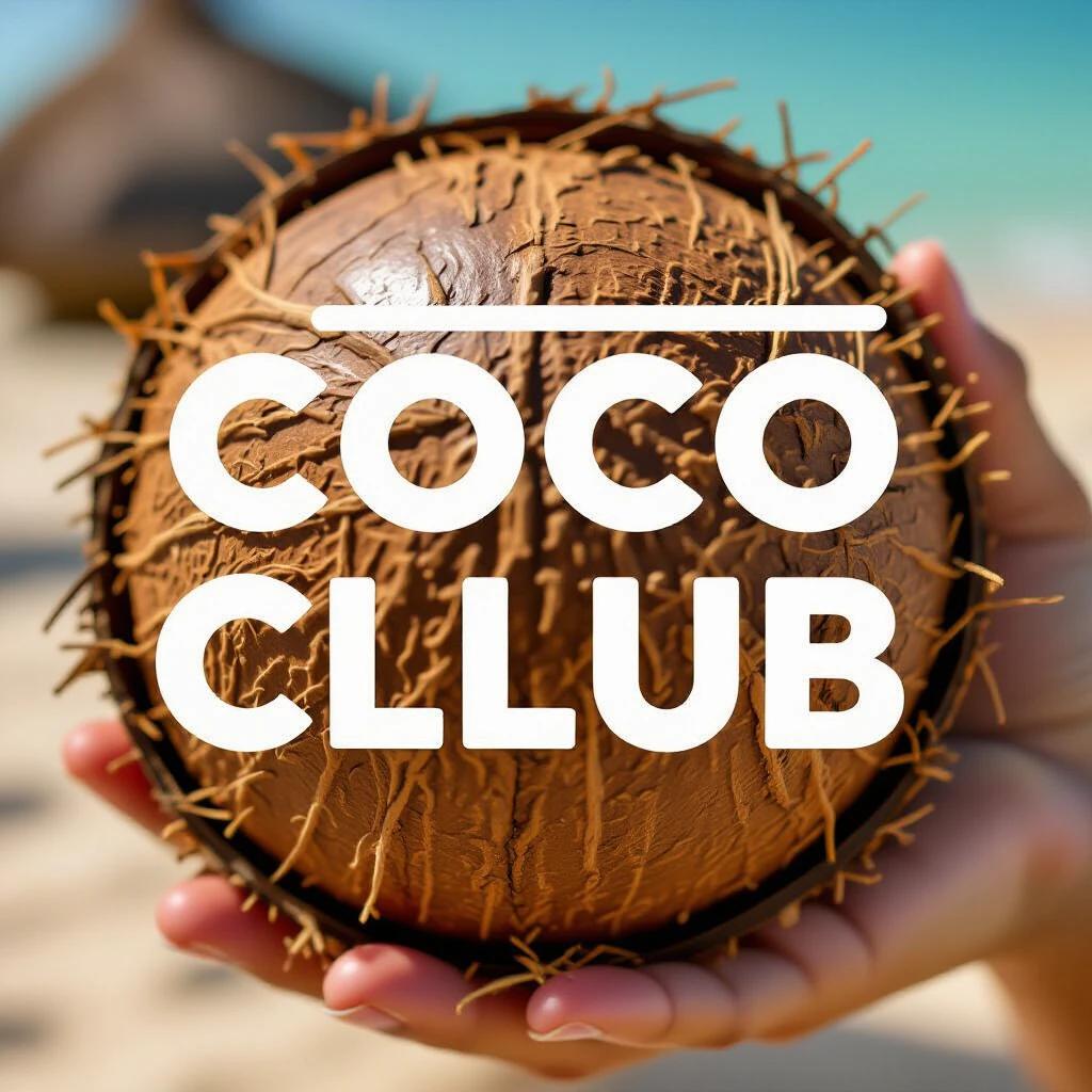 Logo design for the coconut brand CocoCllub. Logo emphasizes summer and beach themes. Clean and structured appearance. Letters outlined distinctly. Coconut used as a design element. Hand holds the coconut.