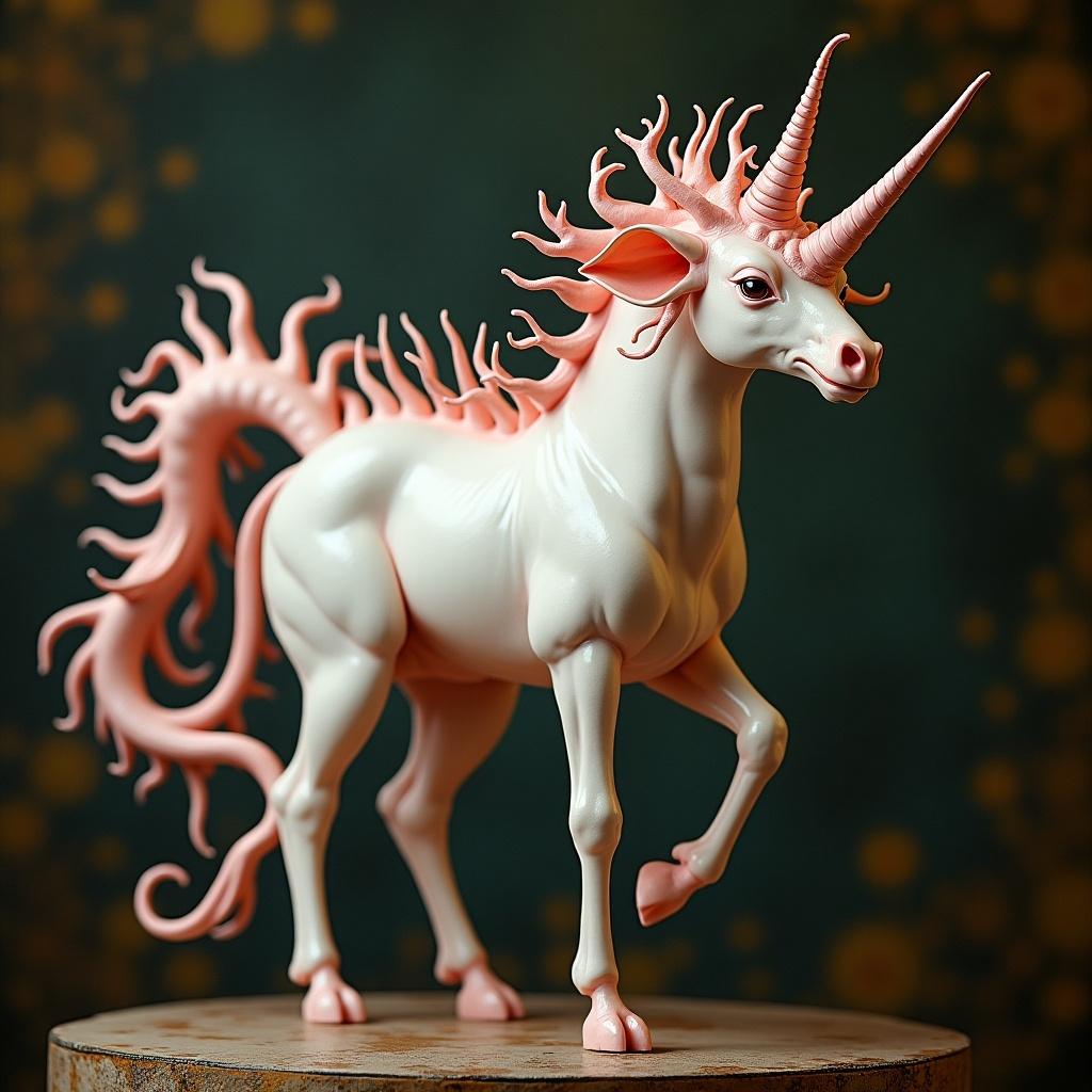 This image depicts an axolotl unicorn, a unique blend of two magical creatures. The unicorn has a smooth, glossy body with a pink mane and intricate horns reminiscent of Rococo artistry. Its form is elegant, enhancing the whimsical and ornate style typical of Rococo designs. The background features soft, blurry lights that add an ethereal quality to the scene. Overall, this creature embodies a captivating mix of fantasy and delicate beauty.