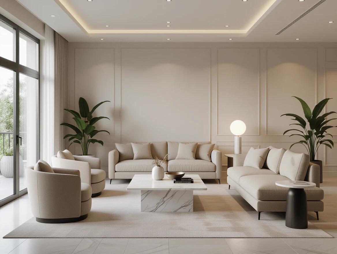 Elegant lounge with modern sofas and armchairs in neutral tones. Indoor plants add greenery. Welcoming atmosphere with recessed ceiling lights. Soft shadows and warm light create comfort. Marble coffee table on a soft area rug. Spacious and uncluttered layout with clean walls and subtle paneling.