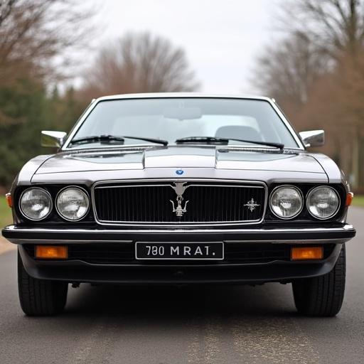 Image of a Maserati Biturbo coupe taken from a frontal perspective. The car features a shiny black exterior with chrome accents. It's parked on a tree-lined road in soft, natural lighting.