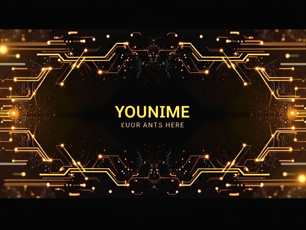 This image features a digital circuit design in vibrant shades of yellow and gold, creating a symmetrical pattern that draws the eye towards the center where the word 'YOUNIME' appears. The circuit lines are illuminated, giving an impression of movement and connection, while the background remains dark to enhance the glowing effect.