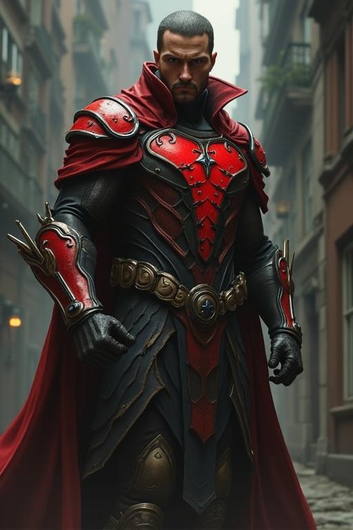 Armored figure in a detailed costume stands in a narrow alley. The figure has a muscular build and an imposing presence. The attire features red and black colors with intricate designs. There is an aura of darkness and fantasy elements around.