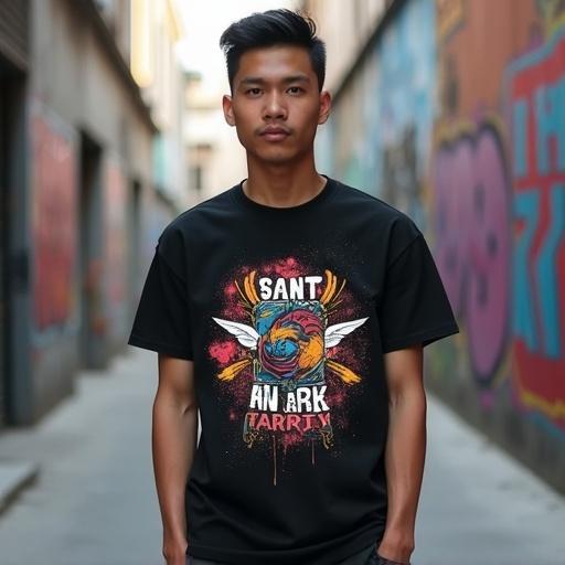 Poster of streetwear featuring a confident East/Southeast Asian male model wearing a black streetwear T-shirt with graphic designs in an urban setting with graffiti walls