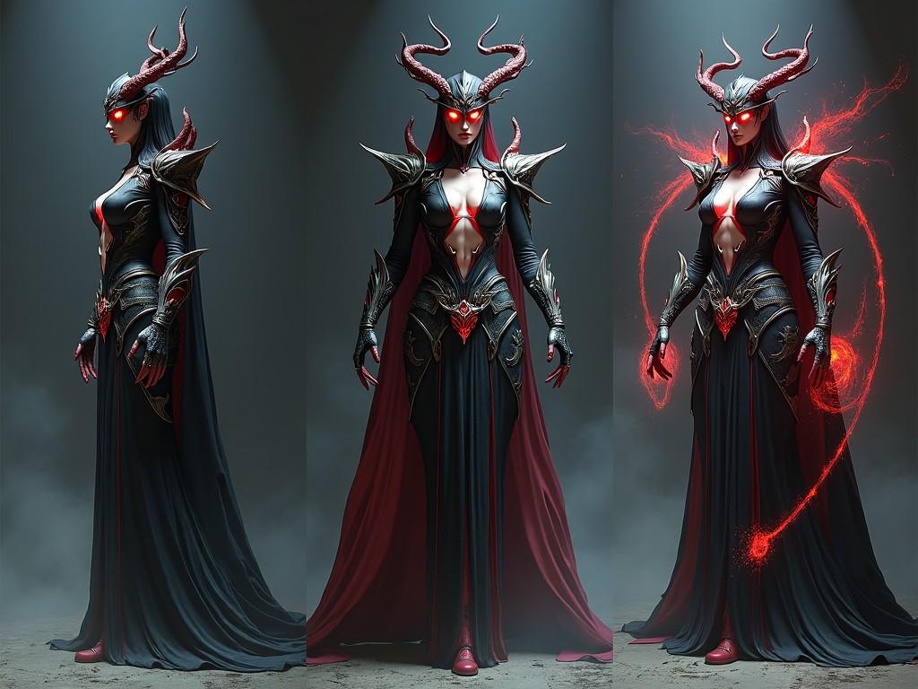 The image depicts a powerful female character designed as a demon queen. She has elaborate horns and glowing red eyes, exuding an aura of dark magic. Her attire features intricate armor with a blend of silver and dark tones. The character stands confidently, with a flowing cape and a commanding presence. Surrounding her is a subtle glow and wisps of magical energy, emphasizing her dark powers. The overall composition is striking, aimed at capturing the essence of a formidable fantasy antagonist.