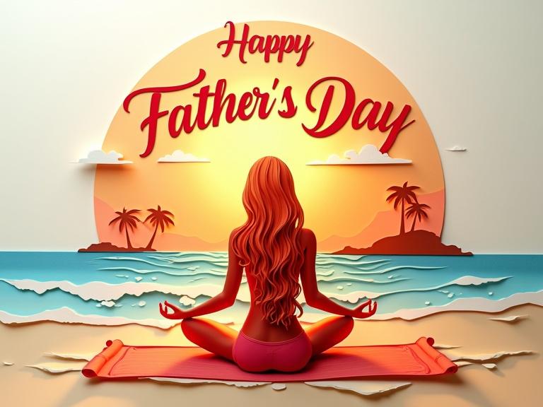 Digital artwork of a woman doing yoga on the beach. Layered paper cut art style. Warm sunset behind. Elegant text saying Happy Father's Day. Mesmerizing silhouette with intricate designs.