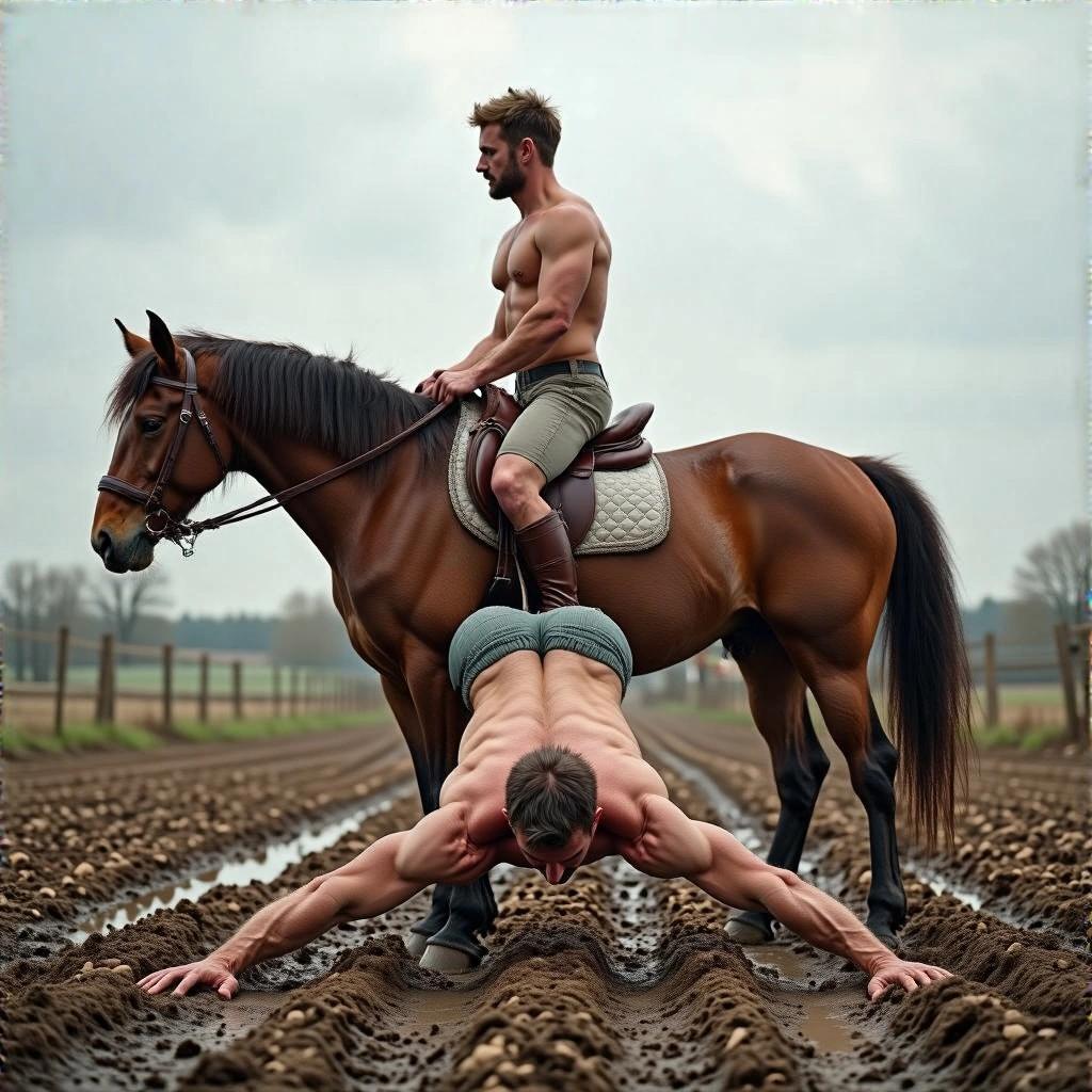 A horse is playing horseback with a human. The human is on all fours under the horse and has a thick, strong rump in his underpants. He is very tall. The stallion is sitting on him. Background: muddy field, rural area. Light: midday, cloudy. Horse: brown. Quality: hyperrealistic.