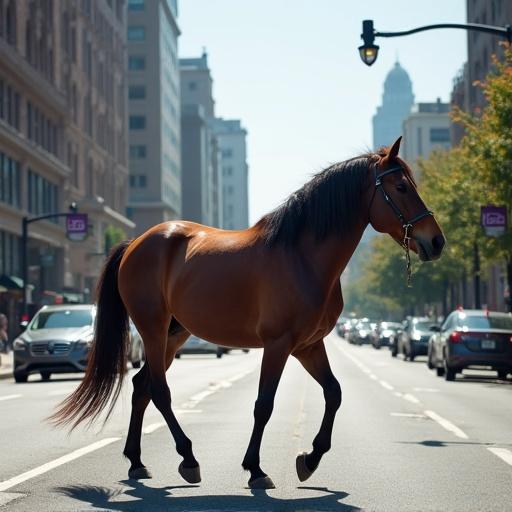 A realistic image of a horse walking on a busy urban street. Authentic visibility of the horse is maintained. Wide-angle view simulates a street surveillance camera's perspective, slightly elevated angle.