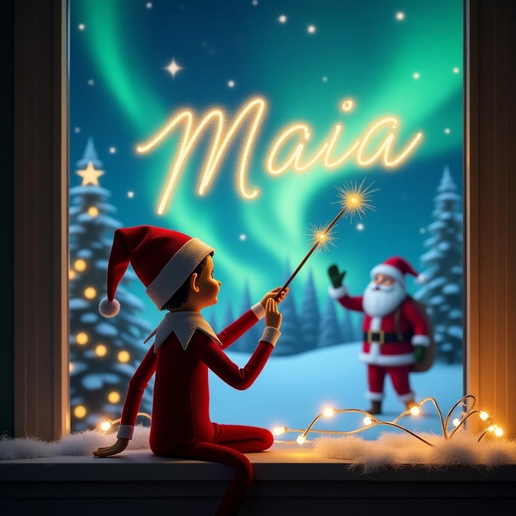 An elf on the shelf sits with its back to the viewer, gazing up at the sky. The elf is using a magic wand to elegantly write the name 'Maia' in sparkling light. The background features a stunning Christmas scene with the northern lights illuminating the night sky. Santa Claus can be seen waving cheerfully in the distance. Warm, enchanting lights adorn the window sill, contributing to the festive atmosphere.