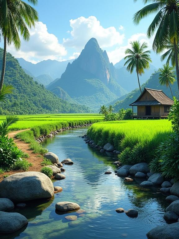 A serene natural scene with a clear stream as the central element. The stream is shallow with gently flowing water in shades of dark green and blue. It is dotted with smooth, rounded rocks and small boulders. A long winding stream emerges from the foot of the mountain. The stream is bordered by lush green vegetation with palm trees lining its edges. In the background, vibrant green rice paddies lead to a small wooden hut. The landscape is framed by rugged mountains under a bright blue sky with scattered clouds. A dirt path runs parallel to the stream, enhancing the rustic charm.