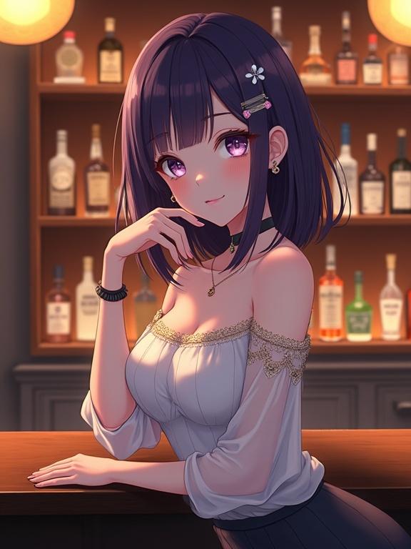 The image features a lady in anime art style with shoulder-length violet hair and bangs. She has expressive violet eyes and a pleasant smile. She wears an off-the-shoulder white top with gold embroidery and a fitted dark skirt. Her hands are raised near her chin at a bar. The background shows a dimly lit bar with various beverages on shelves, creating a cozy atmosphere.