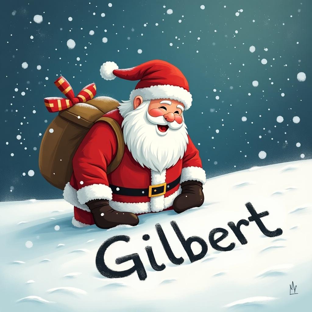 Santa writing Gilbert in the snow. Cartoon style. Festive atmosphere. Snow falling around. Cheerful expression on Santa's face.