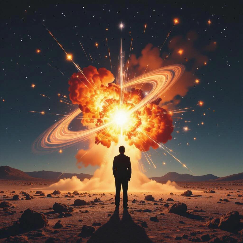 Surreal image depicting a massive cosmic explosion behind a silhouette of a man. The explosion resembles the Big Bang and highlights themes of singularity and dichotomy in a cosmic context. The scene is set in a starry landscape to emphasize the grandeur of the event.