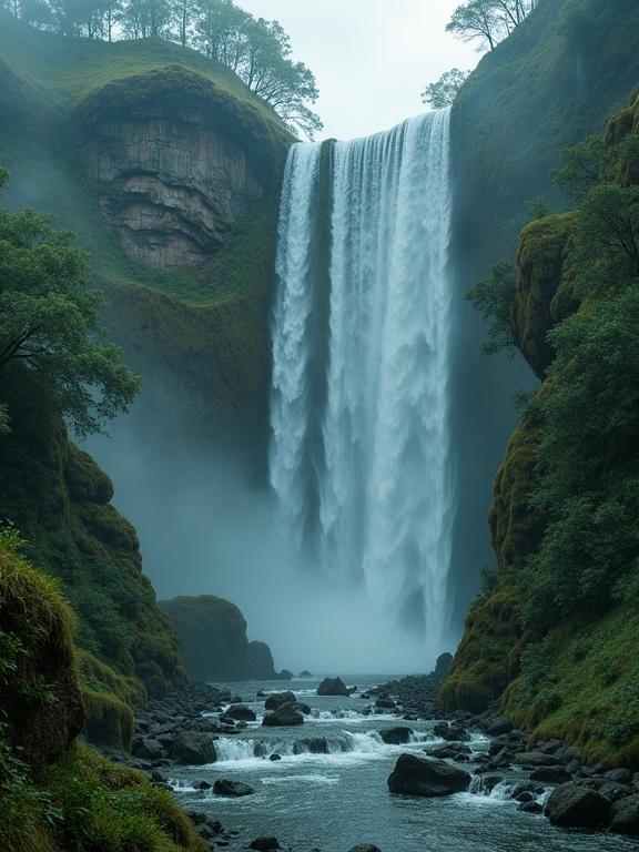 Photorealistic image showcasing a majestic waterfall cascading down a cliff into a river surrounded by lush greenery. Hyperdetailed with vibrant dark colors, creating a serene atmosphere.