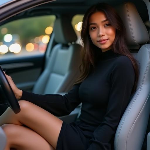 A young woman is seated in the driver's seat of a car. She is wearing a black, long-sleeved dress that ends at mid-thigh. Her hair is long and dark brown. She has a neutral expression with a slight smile. The car's interior is mostly gray and white leather. The background shows a blurred urban scene at night. The lighting is bright and natural. The composition focuses on the woman centered in the image.