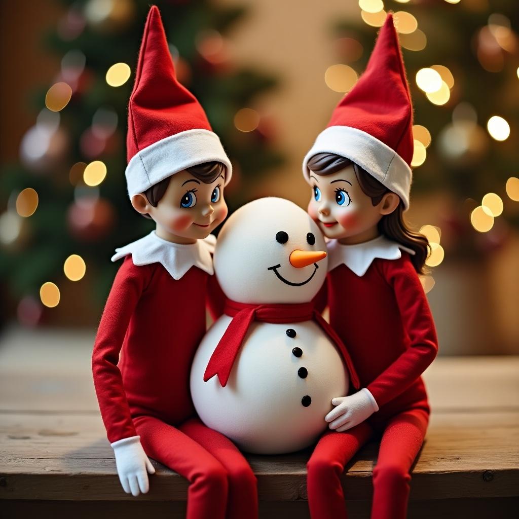 Children wear elf costumes with pointed hats. They sit beside a smiling snowman. Background features festive lights. Scene conveys a cheerful holiday atmosphere.