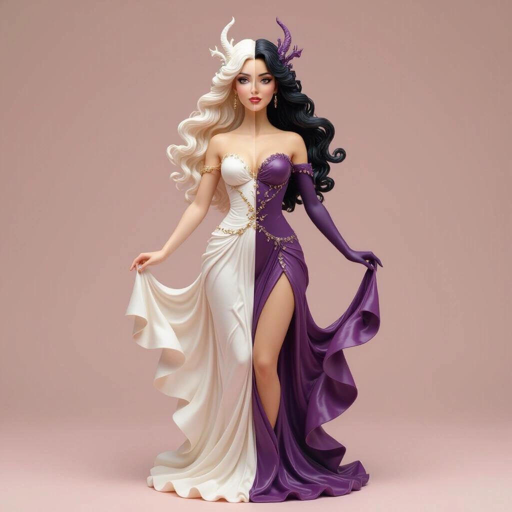 Resin figure of a goddess inspired by the Gemini sign. Represents a celestial beauty with strong visual duality. Figure combines one elegant and sensual body, divided into two contrasting energies. One side tender with sweet expression and flowing dress in soft tones. The other side dark with intense expression in light armor. Pose is balanced, with one leg forward and a flower in one hand. Base reflects duality with light and shadow.