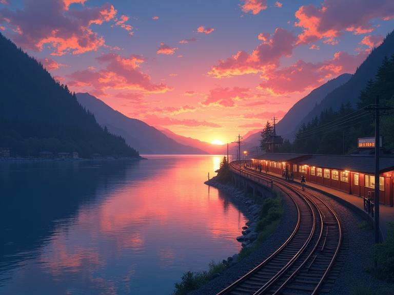 Sunset at a seaside train station with calm sea in background. Warm light illuminates the scene. Nostalgic feeling captured in anime style. Cinematic view with train tracks leading into distance. Tranquil mountain village by calm lake during dusk. Soft dusk light casts warm glow and gentle shadows, enhancing peaceful atmosphere. Still water reflects beauty of scene, ideal for relaxation and nature appreciation.