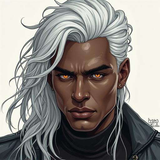 Illustrated depiction of a young man with dark skin and long silver hair. He has beastly horns on his forehead set in a fantasy world. Portrayal as a demigod.
