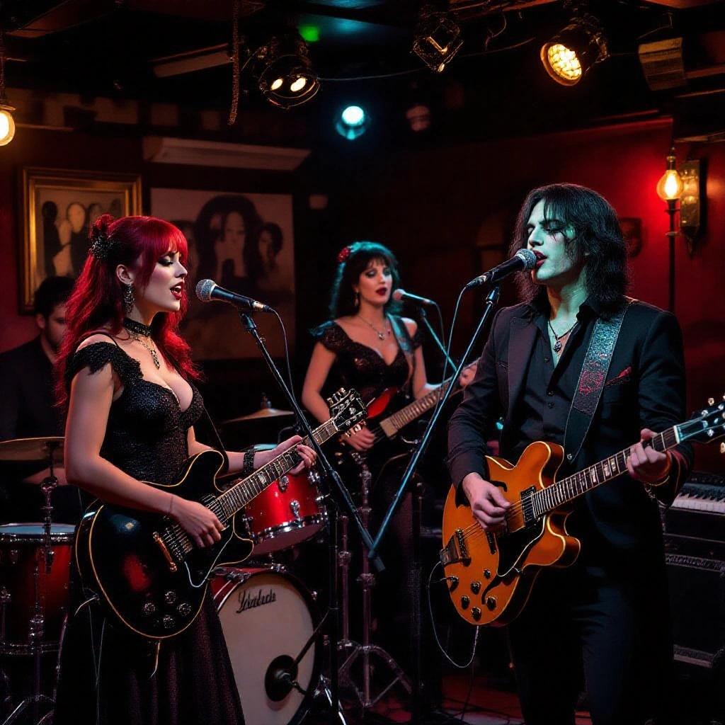A vampire band performing on stage in a dimly lit venue. A female vampire with her hair up is playing the drums. A dark-skinned female vampire with short hair plays the organ. One male vampire plays an electric guitar. Another male vampire with green eyes sings while holding a guitar. Another vampire is watching, drinking blood from a cup.