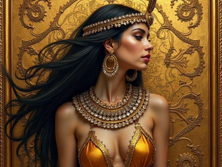 Woman in glamorous attire features intricate jewelry. Background is rich golden color with ornate designs. Subject has long hair and showcases beauty in profile. Inspired by Cleopatra and Klimt's art.