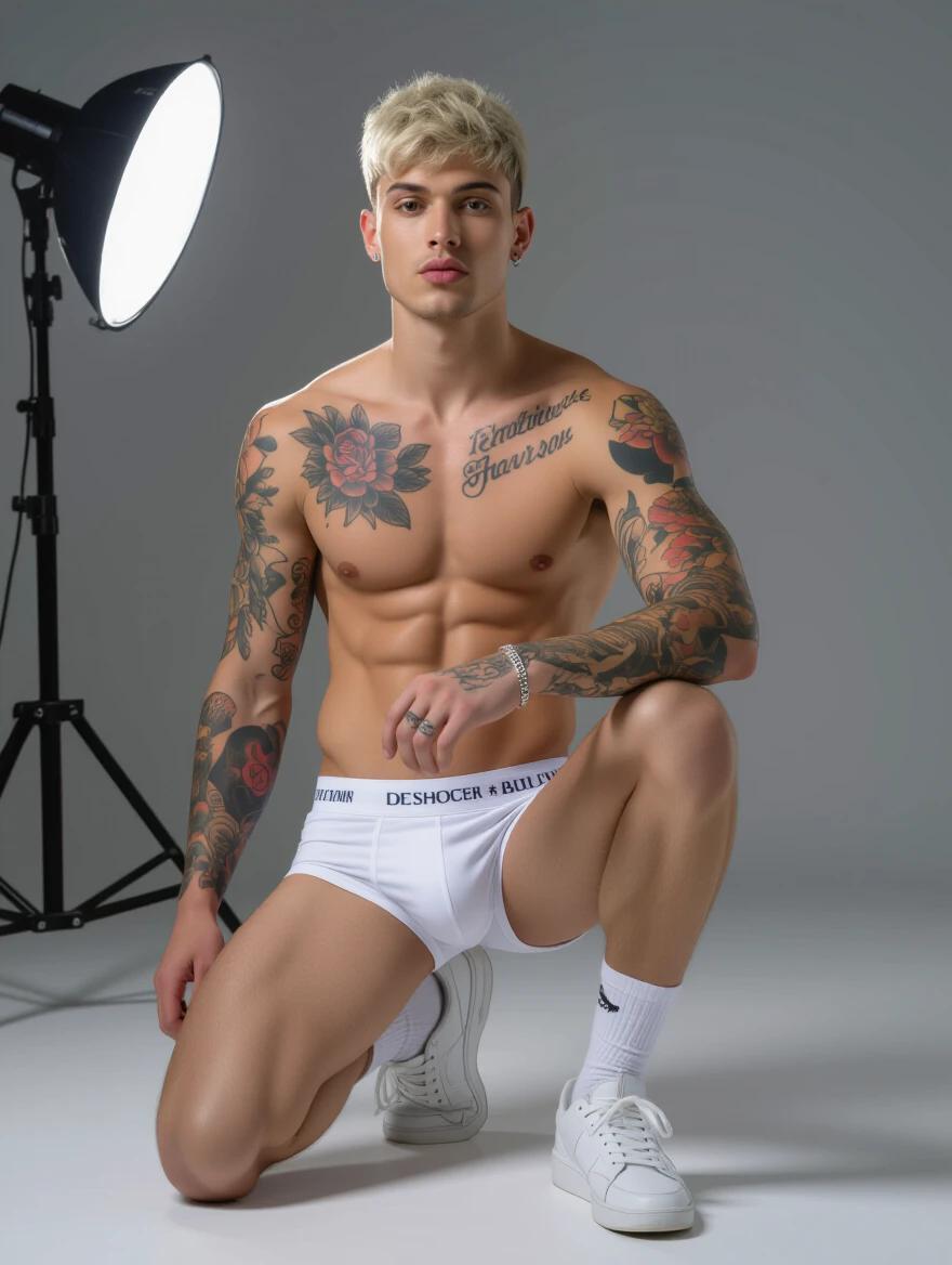 A young thin male model poses in white underwear. He has short colored hair. Tattoos cover his body. He is wearing white socks and sneakers. The pose is sensual emphasizing his underwear. The photo is taken in a low-lit photography studio with a focus on the underwear for an advertising campaign. Full body shot showcasing the model and his tattoos.