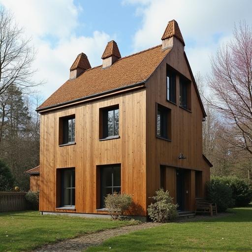A modern wooden house with a unique design. Features a brown exterior made of wood. Surrounded by greenery. Clear blue sky overhead. Offers a serene appearance.