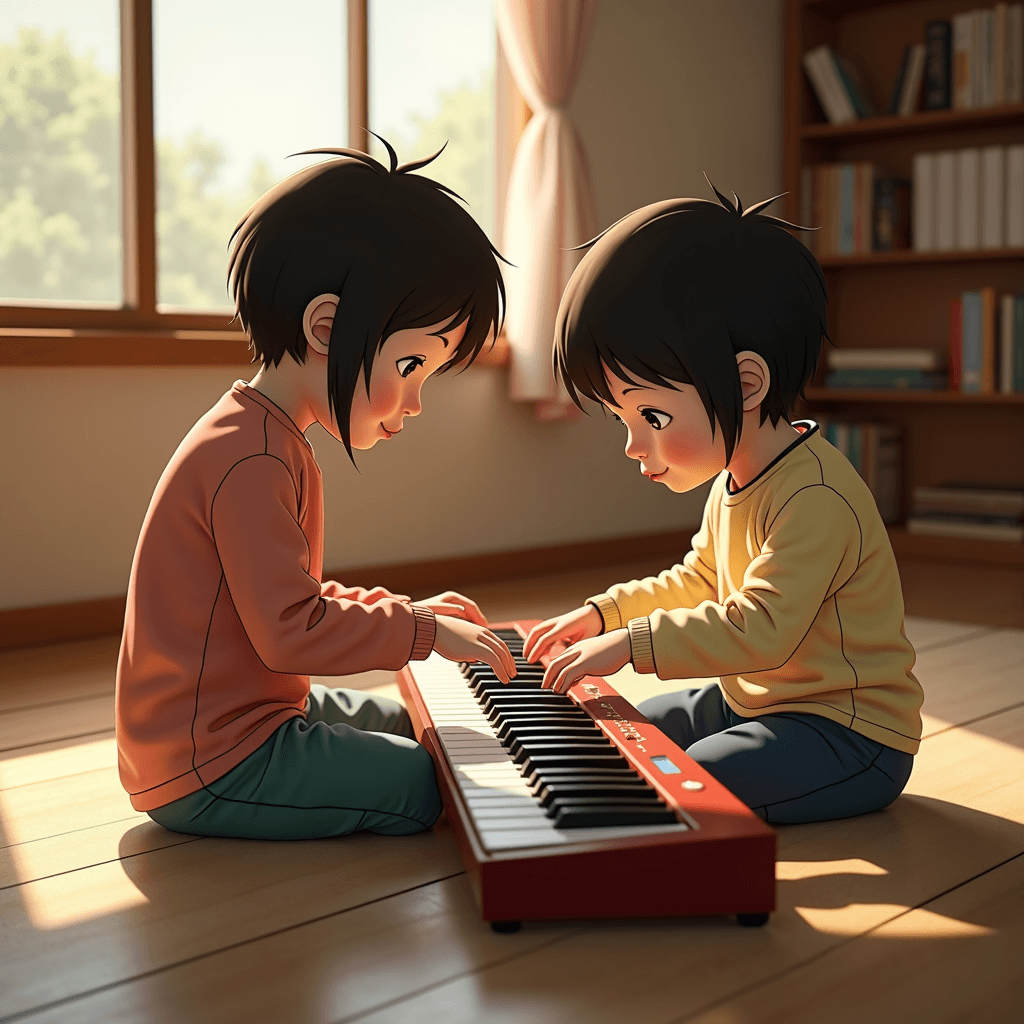 Two young children, sitting cross-legged on a wooden floor, are joyfully playing a small red keyboard with natural light streaming in through a large window, creating a warm and cozy atmosphere.