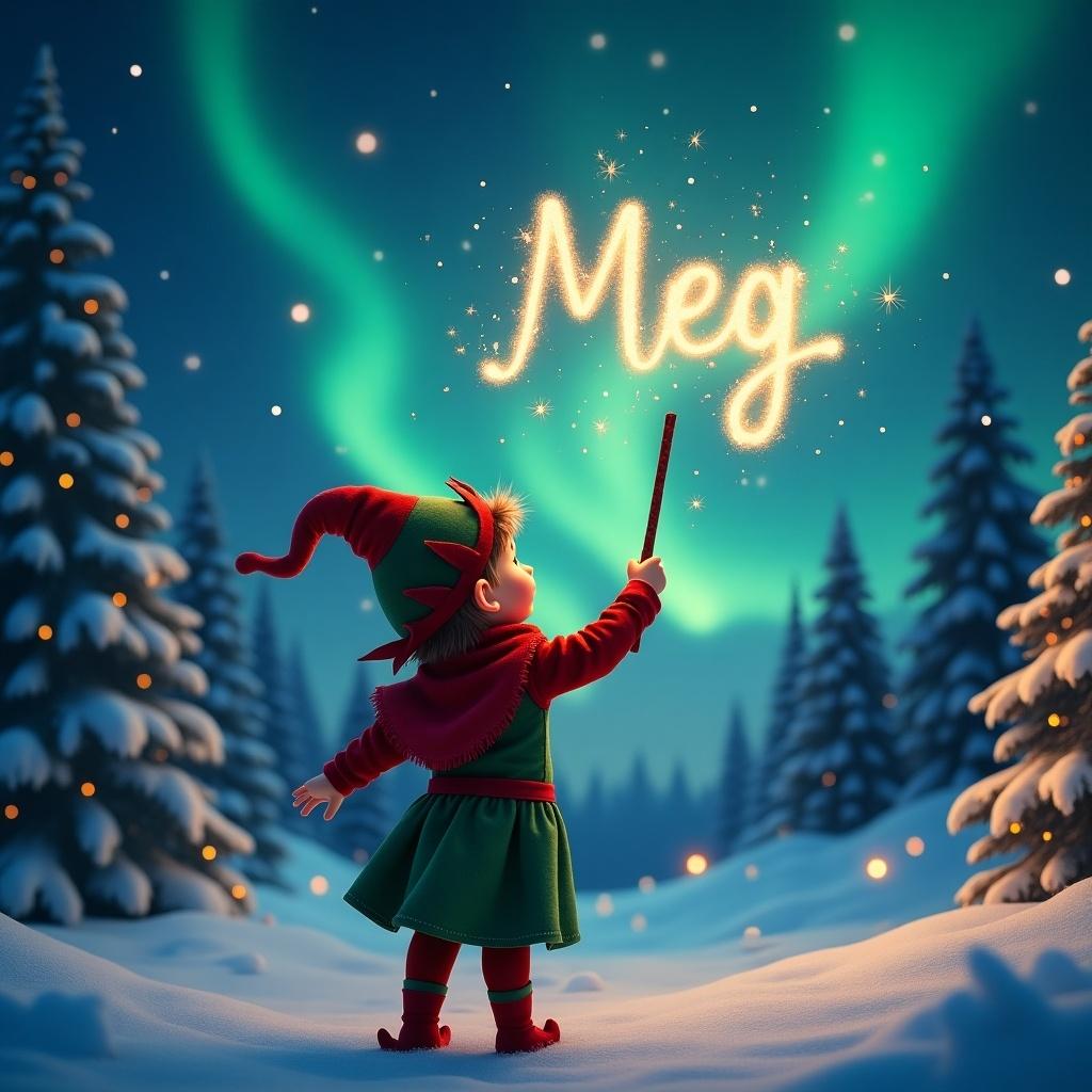 In a whimsical winter landscape, a child dressed as an elf stands with their back to the viewer. The elf gazes up at a magnificent night sky, illuminated by beautiful northern lights. With a wand in hand, the child magically creates the name 'Meg' in the air, surrounded by sparkles. Snow-covered trees and twinkling lights enhance the enchanting atmosphere. The entire scene radiates a cheerful and festive vibe, perfect for the holiday season.