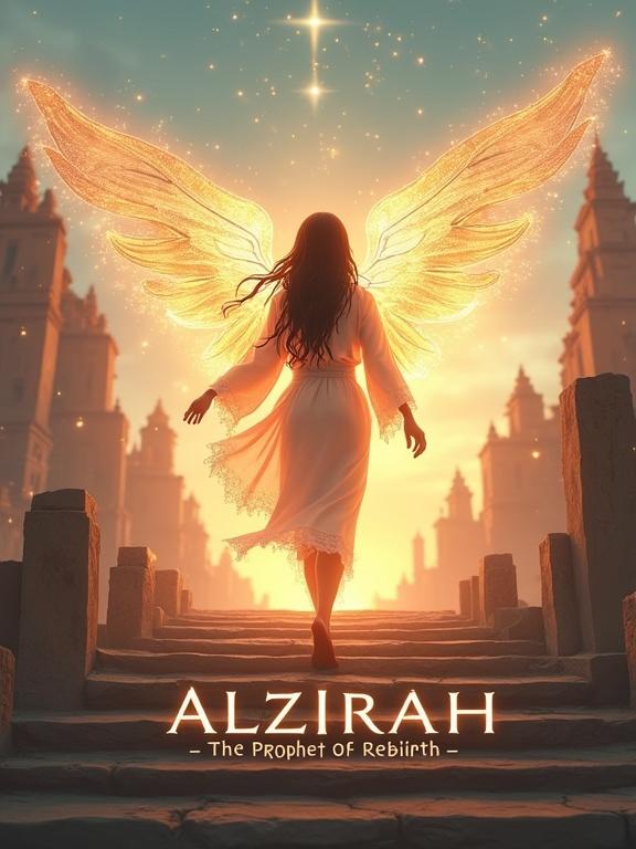 A Nepali heroine with beautiful wings ascending steps of light. Transparent flowing robes with golden energy. Light flutters around her. Ancient Kathmandu ruins in a colorful sky behind.