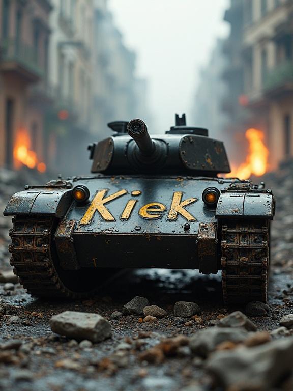 Battle-worn tank in a ruined city. Leather treads scorched but intact. Rumble. 'Kiek' carved in the wheels with chipped yellow paint. Angled armor dented, flickering LED strips and exposed chrome wiring. Matte black finish streaked with ash, surrounded by smoke and embers.