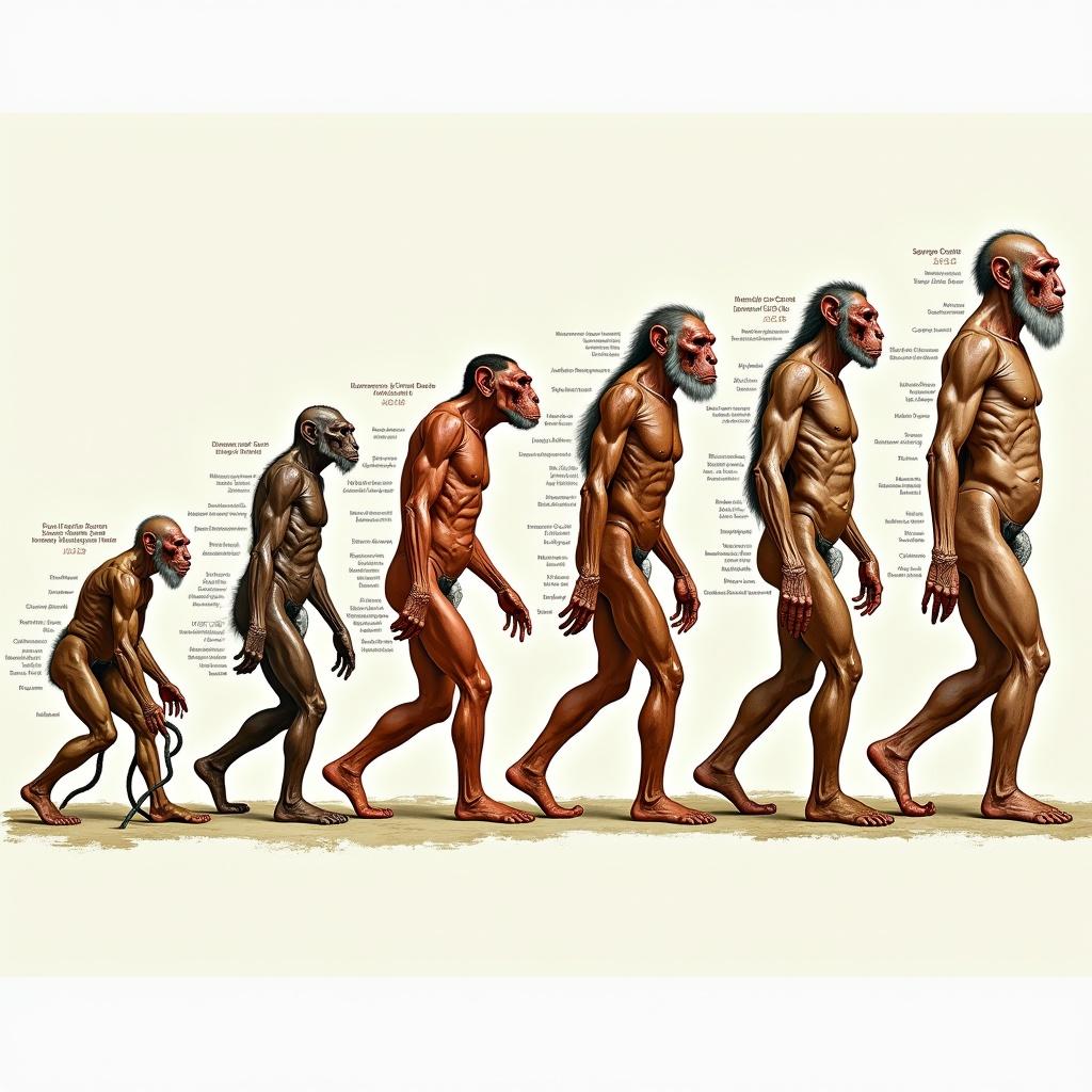 Diagram illustrating stages of human evolution. Showcases progression from early ancestors to modern humans. Each figure is anatomically detailed. Designed for educational purposes.