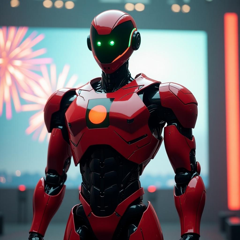 Design futuristic humanoid robot celebrating Bangladesh victory. Sleek design with advanced technology. Body primarily red and black. Include glowing emblem of Bangladesh flag. Eyes glow neon green. Athletic, powerful stance. Cutting-edge with metallic surfaces and glowing accents. Futuristic, celebratory background with screen and fireworks.