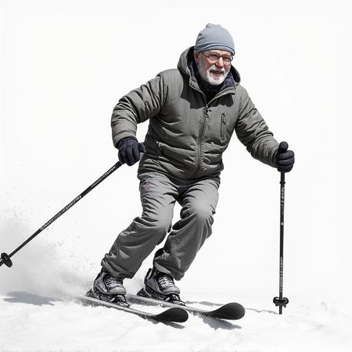 Realistic picture of an elderly man skiing on a snowy slope during daytime. He is wearing warm ski attire, including a padded jacket and hat. The setting shows a snowy landscape.