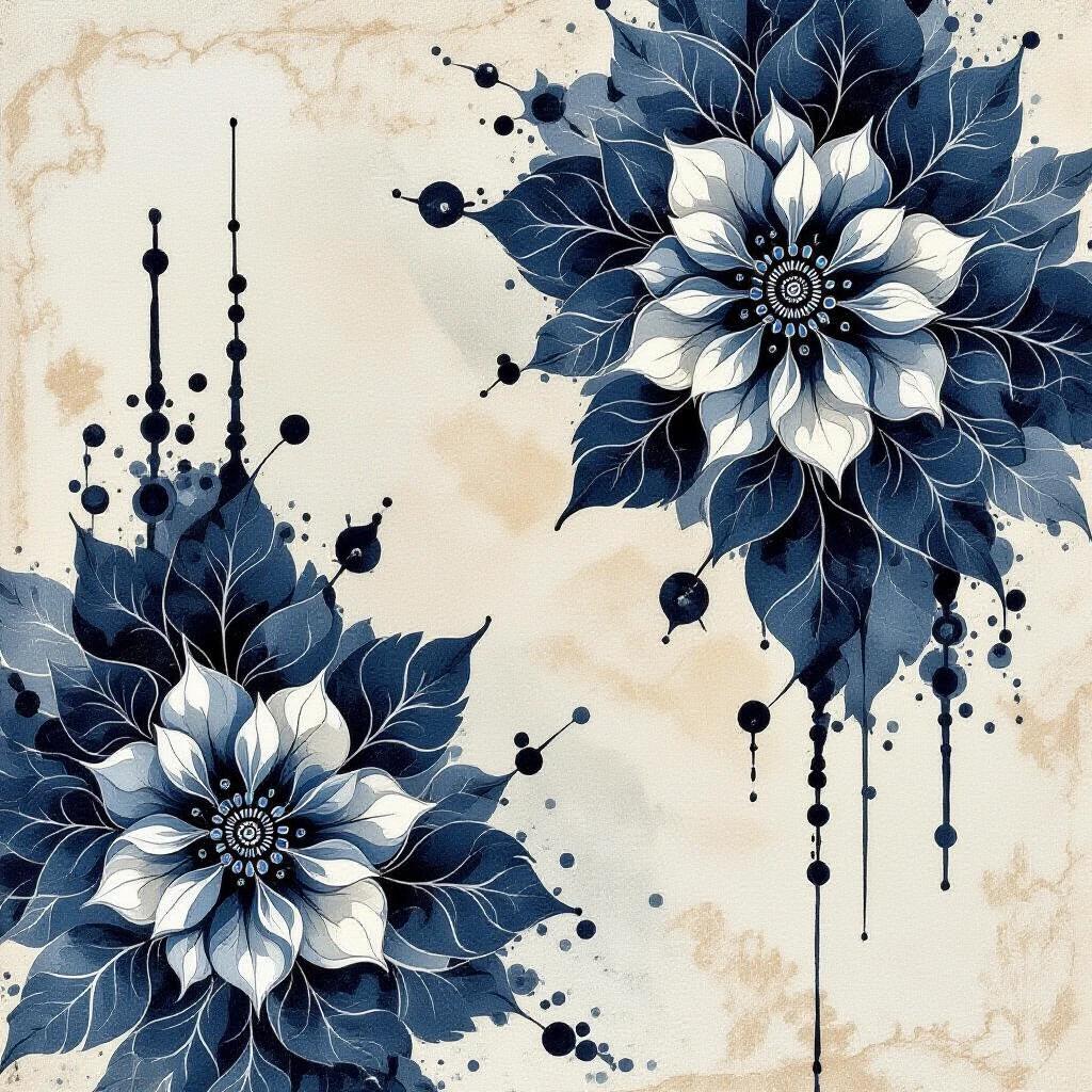 An abstract design featuring large floral patterns and geometric shapes. Traditional Batik style blended with ink drips and splashes. Deep blue and black tones on textured canvas. A mix of classic and modern artistic expression.