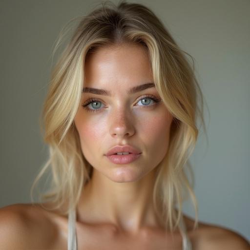 Portrait of a very beautiful young blonde woman with a round face. Exhibiting a serious expression with a haughty demeanor. Background is neutral and softly lit to enhance aesthetics.
