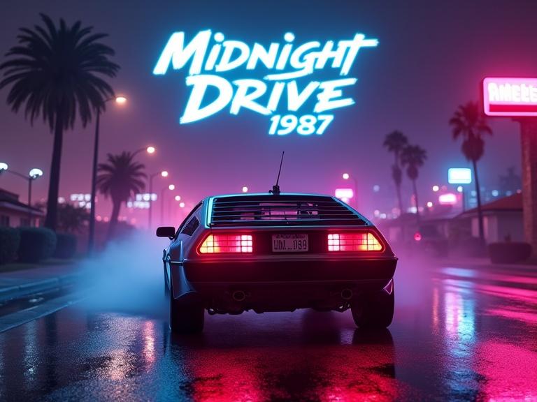 Retro 1980s synthwave portrait scene at midnight. Futuristic sports car back view on a wet neon-lit street. Glowing taillights reflecting off shiny pavement. Neon signs and palm trees in background. Dark sky with glowing purple blue magenta tones. Light fog atmosphere with grainy texture.