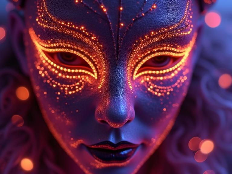 Close-up macro shot of an intricately designed female mask. The mask features shimmering orange stripes and purple lights. The scene is luminescent, showcasing hyperdetailed sparkle with photorealistic quality. High resolution, capturing the essence of hyperrealism with accurate lighting and shadows.