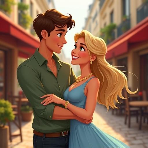 A couple embraces on a romantic Parisian street. The girl wears a blue dress with gold jewelry and has blonde hair. The boy has brown hair and is in a green shirt. They share a joyful moment together among cafes.